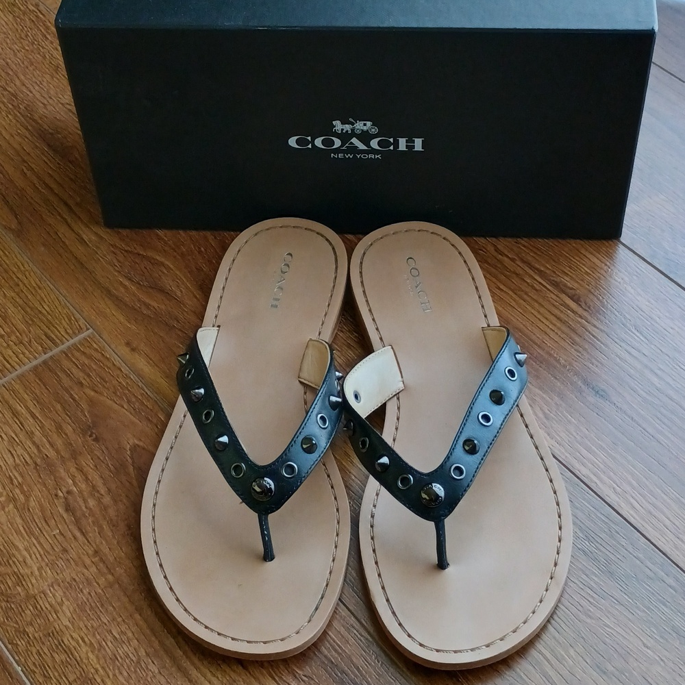 Coach Black Vegan Leather Studded Thong Sandals - Women's 8.5M